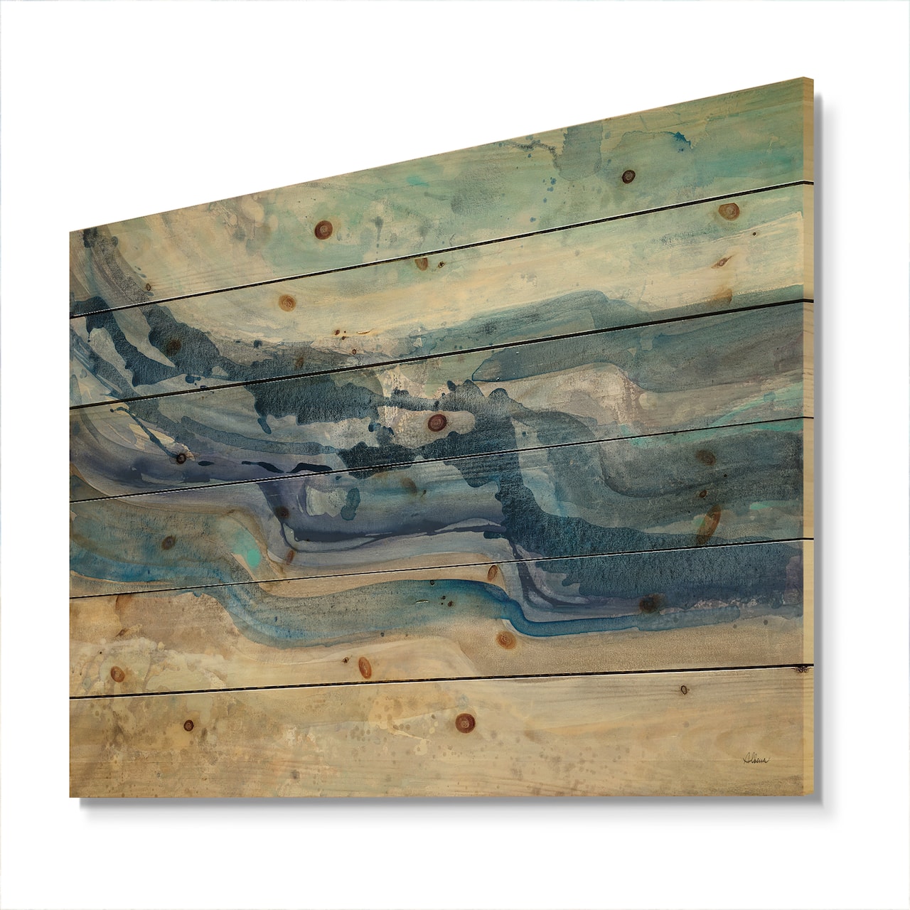 Designart - Coast Blue Sea Waves Watercolour - Modern Farmhouse Print on Natural Pine Wood